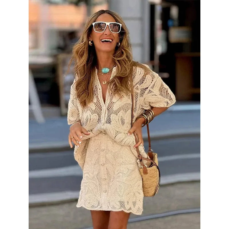 Fashion Chic Cut Out Women Mini Skitts Suits Casual V-Neck Short Sleeve Single Breasted Top Sets 2024 Female High Street Outfits