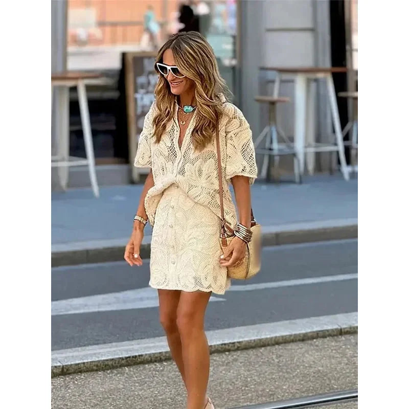 Fashion Chic Cut Out Women Mini Skitts Suits Casual V-Neck Short Sleeve Single Breasted Top Sets 2024 Female High Street Outfits