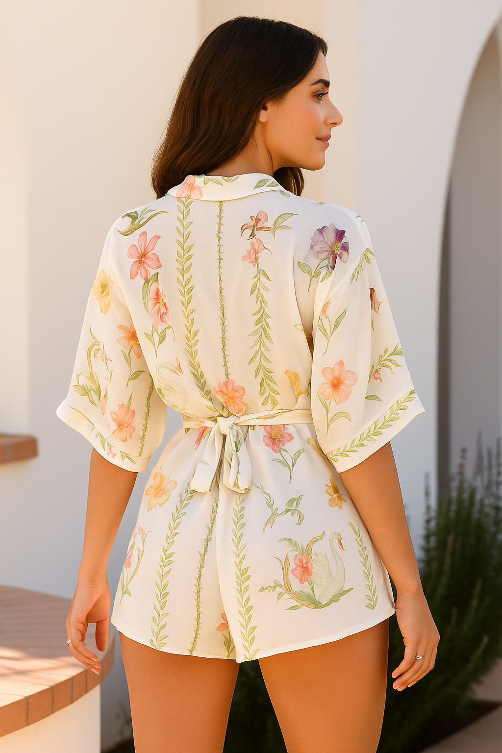 Printed Tie-Waist Half-Sleeve Romper