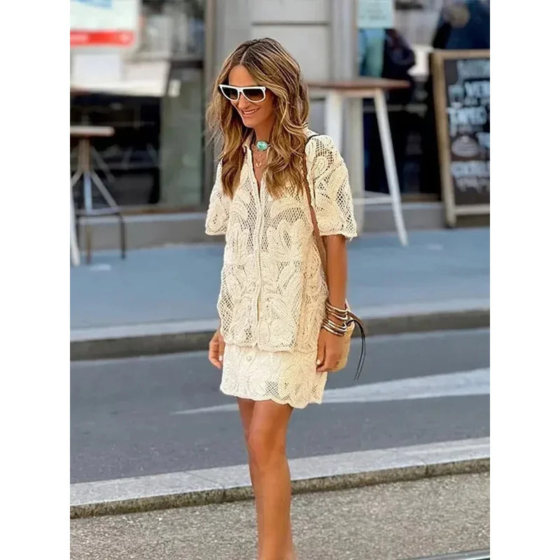 Fashion Chic Cut Out Women Mini Skitts Suits Casual V-Neck Short Sleeve Single Breasted Top Sets 2024 Female High Street Outfits