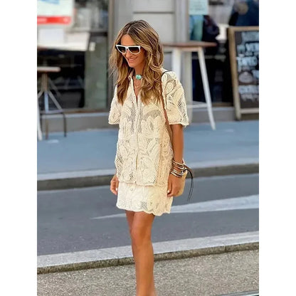 Fashion Chic Cut Out Women Mini Skitts Suits Casual V-Neck Short Sleeve Single Breasted Top Sets 2024 Female High Street Outfits