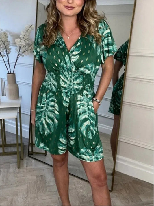 Summer New Printed V-Neck Women'S Romper Fashion Elastic Waist Pocket Casual Simple Female Elegant Beach Holiday Romper Shorts